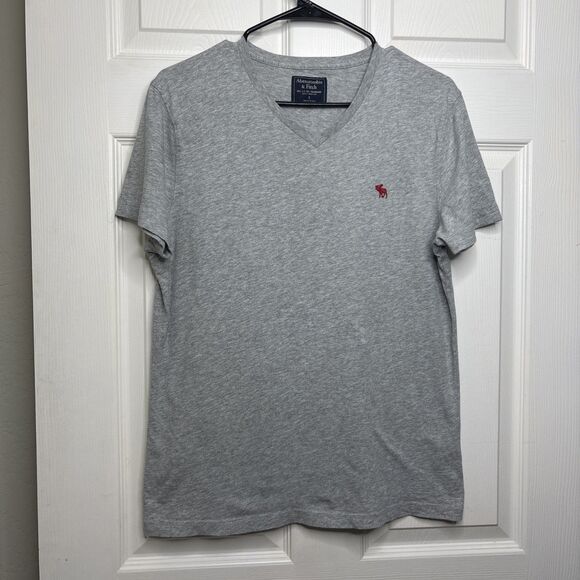2010s Abercrombie & Fitch Small Gray V-Neck Tee Shirt Red Moose Logo Cotton Top - Picture 1 of 7
